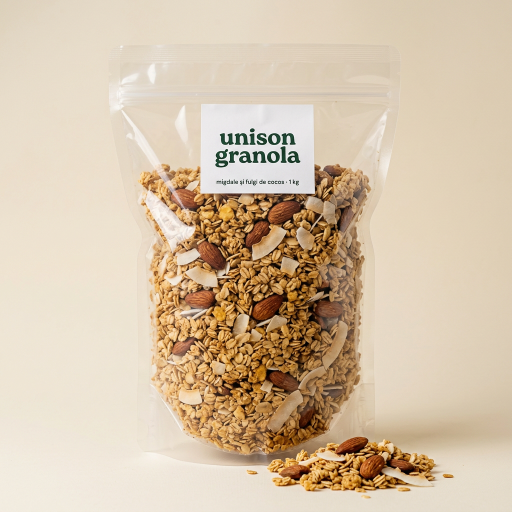 Granola cu migdale și fulgi de cocos fără zahăr, pungă transparentă format mare 1 kg