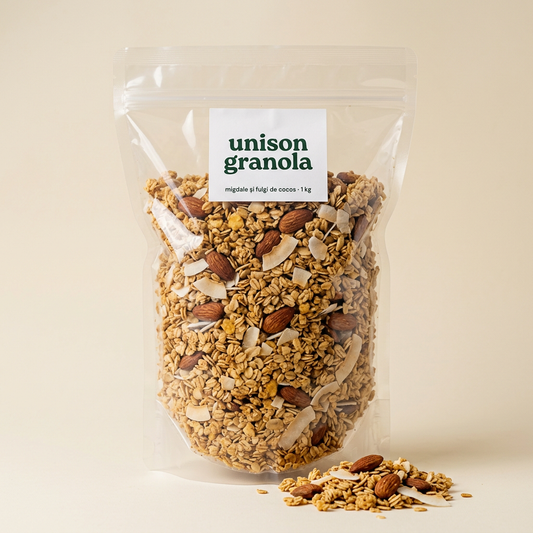 Granola cu migdale și fulgi de cocos fără zahăr, pungă transparentă format mare 1 kg