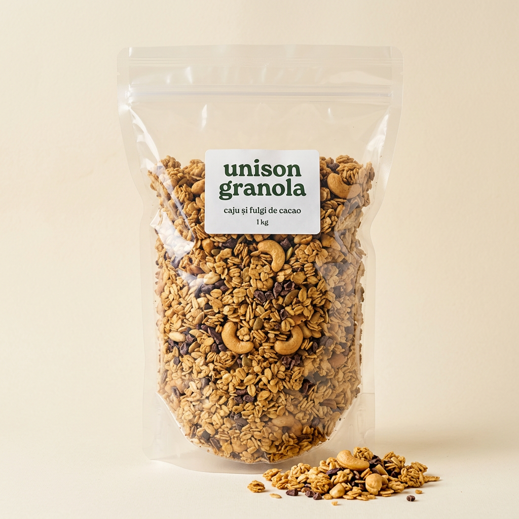 Granola cu caju și fulgi de cacao fără zahăr, pungă transparentă format mare 1 kg